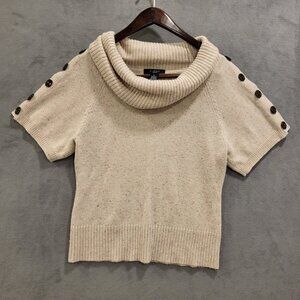 U-Knit Cowl Neck Sweater Women Size Large Petite Short Sleeve Wool Blend Buttons